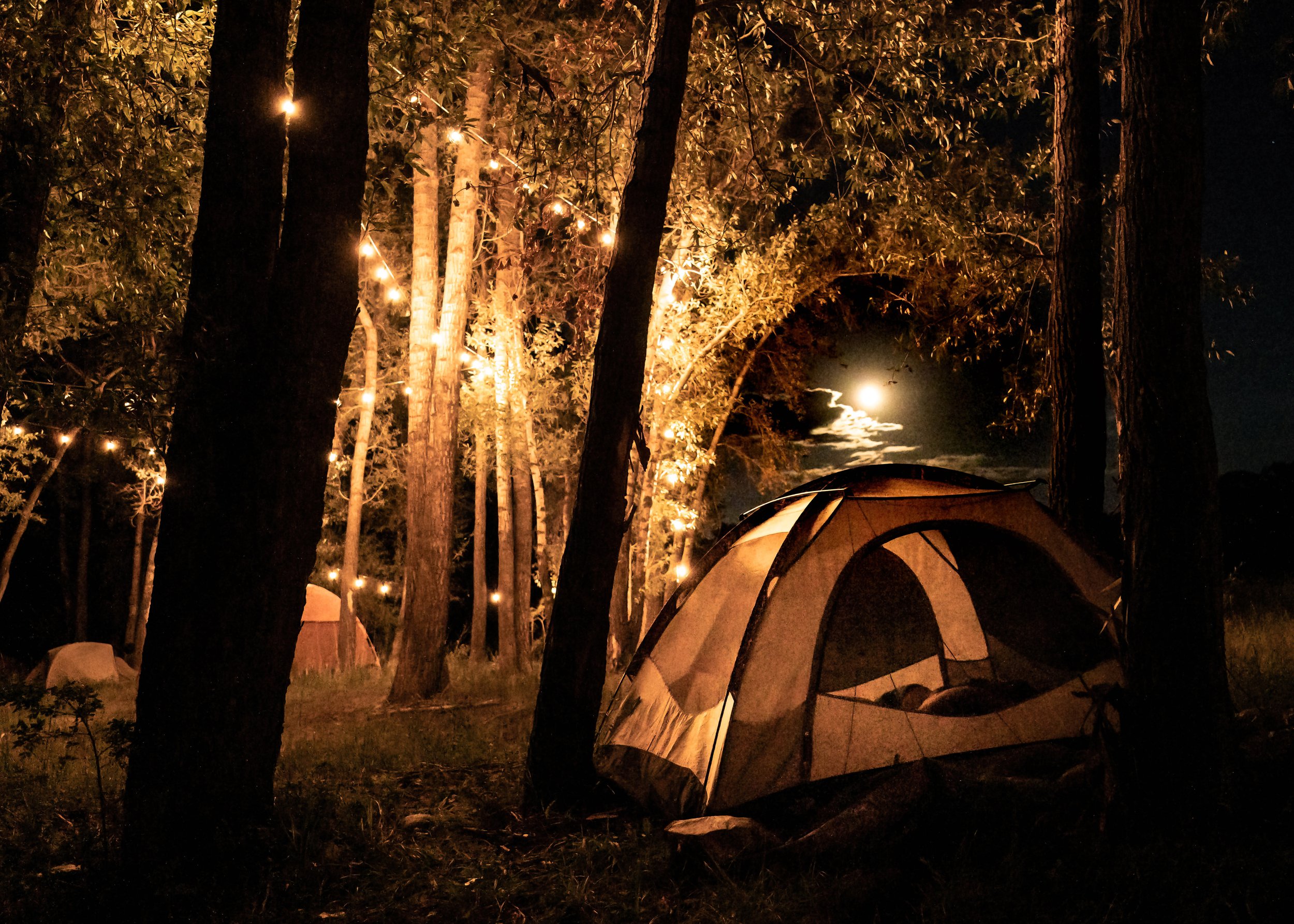Campsite at night with string lights